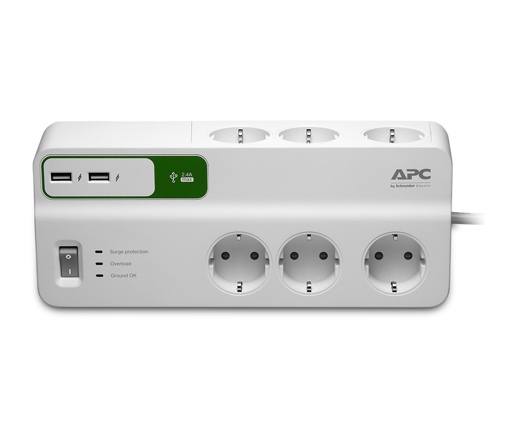 APC PM6-GR SurgeArrest / PROTECTOR / túlfeszültségvédő elosztó, 1,8 méteres, 5 DIN, 2 USB