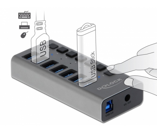 DELOCK külső SuperSpeed USB hub 7 bemenettel és kapcsolóval