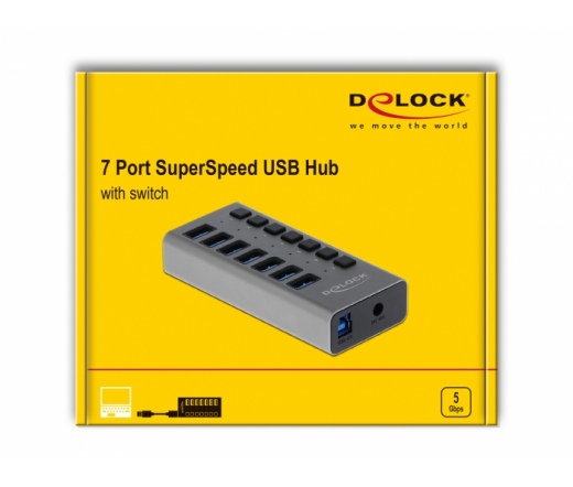 DELOCK külső SuperSpeed USB hub 7 bemenettel és kapcsolóval