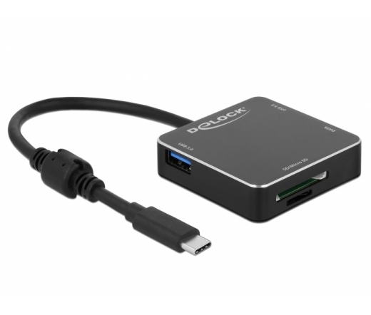 Delock 3 portos, USB 3.1 Gen 1 elosztó USB Type-C™ kapcsolattal és SD + Micro SD Slottal