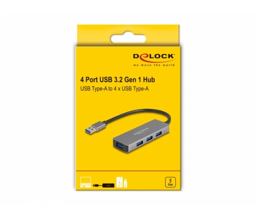 DELOCK 4 USB Type-A 3.2 Gen 1 portos hub USB Type-A csatlakozóval, portok oldalt