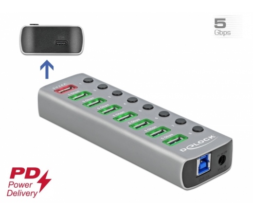 DELOCK USB 3.2 Gen 1 hub 7 port + 1 gyorstöltő port + 1 USB-C PD 3.0 port + kapcsoló és megvilágítás