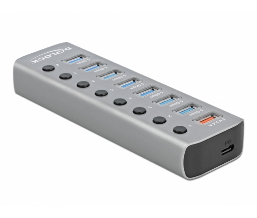 DELOCK USB 3.2 Gen 1 hub 7 port + 1 gyorstöltő port + 1 USB-C PD 3.0 port + kapcsoló és megvilágítás