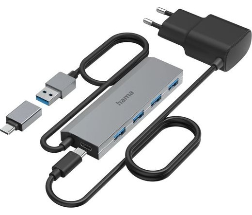 HAMA 4 portos USB 3.2 Gen 1 hub + USB-C adapter + tápegység