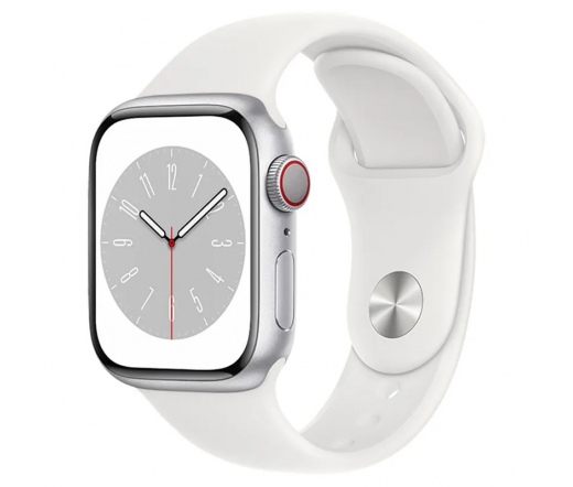 APPLE Watch Series 8 41mm Cellular ezüstszínű alumíniumtok, fehér sportszíj