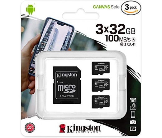 Card Micro SDHC Kingston 32GB Canvas Select 3P 3PC 100R A1 C10 + Adapter