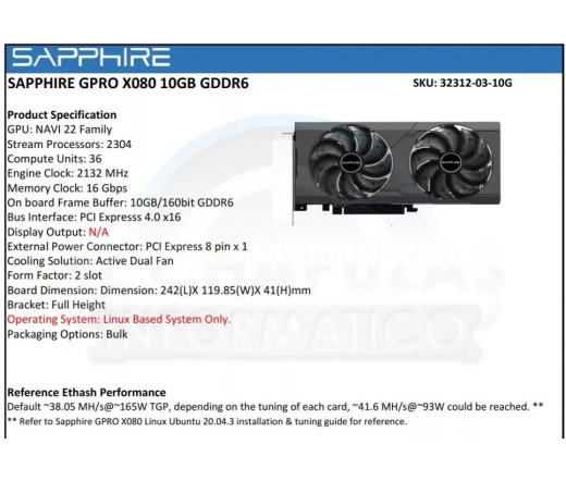 SAPPHIRE GPRO X080 10GB GDDR6