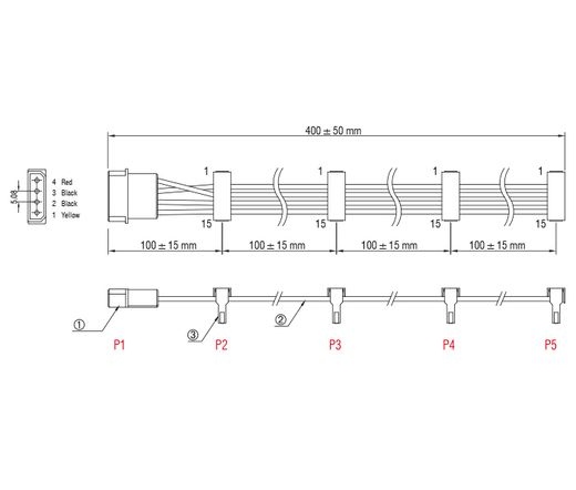 Delock Molex-tápkábel 4 tus csatlakozódugóval > 4 x 15 tus SATA-csatlakozóhüvely, 40 cm