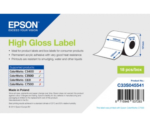 EPSON High Gloss Label - Die-cut Roll: 102mm x 152mm, 210 labels