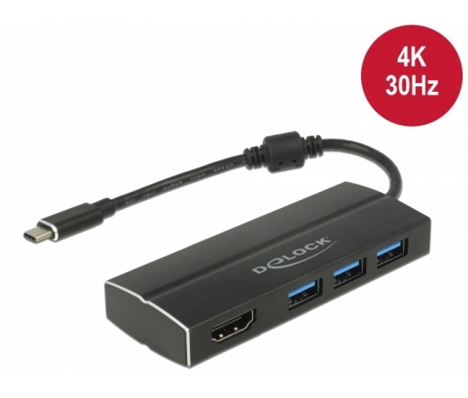 Delock USB 3.1 Gen 1 adapter USB Type-C™ tápfeszültségporttal, 3 x 3.0 A-típusú USB kapcsolódási ponttal meg 1 x HDMI (D