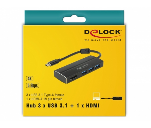 Delock USB 3.1 Gen 1 adapter USB Type-C™ tápfeszültségporttal, 3 x 3.0 A-típusú USB kapcsolódási ponttal meg 1 x HDMI (D