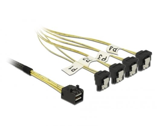 Delock Kábel Mini SAS HD SFF-8643 > 4 x SATA 7 Pin, ívelt, 0,5 m