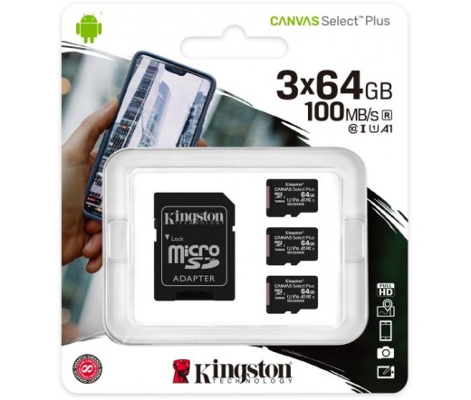 Card Micro SDXC Kingston 64GB Canvas Select 3P 3PC 100R A1 C10 + Adapter