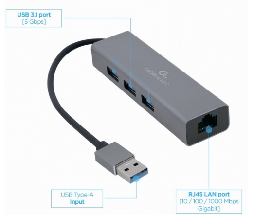 GEMBIRD USB AM Gigabit network adapter with 3-port USB 3.0 hub