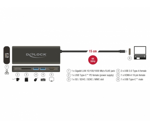 Delock USB Type-C 3.1 dokkoló állomás HDMI 4K 30 Hz, Gigabit LAN és USB PD funkció (3 év)