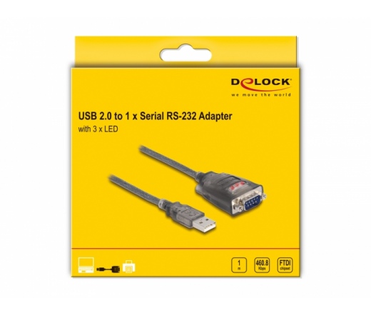 DELOCK Adapter USB 2.0 Type-A / soros RS-232 D-Sub 9 csavarokkal és 3 LED-del 1m