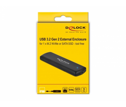 DELOCK külső ház M.2 NVMe PCIe vagy SATA SSD-hez USB 3.2 Gen 2 Type-C 10Gb/s szerszám nélküli