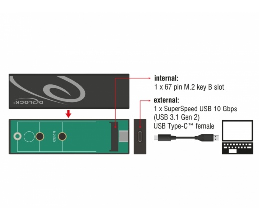 DELOCK Külső Ház M.2 SSD 42/60/80mm USB 3.1 Gen 2 Type-C anya