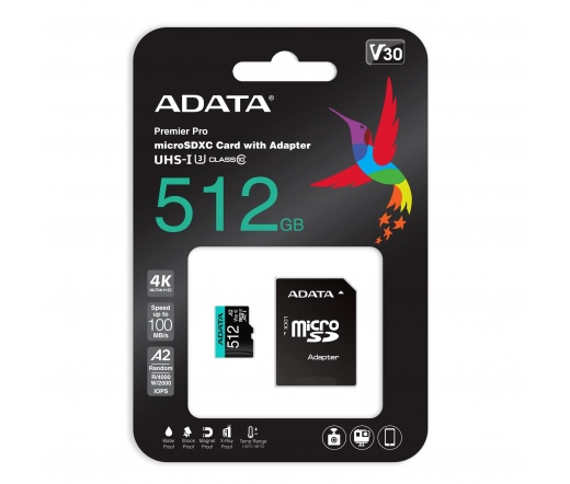 ADATA 512GB SD micro Premier Pro (SDXC Class 10 UHS-I) (AUSDX512GUI3V30SA2-RA1) memória kártya adapterrel