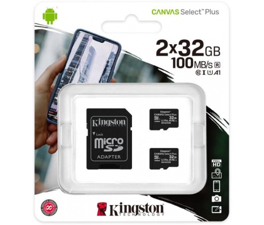 Card Micro SDHC Kingston 32GB Canvas Select 2P 2PC 100R A1 C10 + Adapter