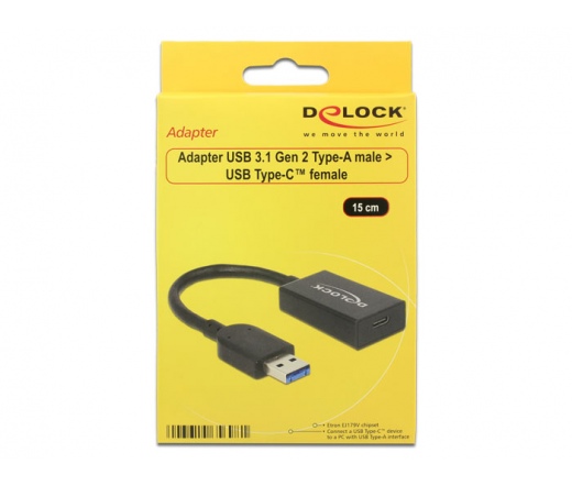 Delock Átalakító USB 3.1 Gen 2 A-típusú csatlakozódugó > USB Type-C™ típusú csatlakozóhüvely, aktív