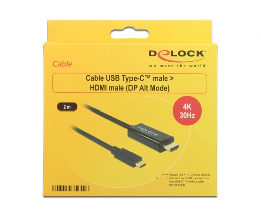 DELOCK kábel USB Type-C male to HDMI male (DP Alt Mode) 4K 30Hz, 2m