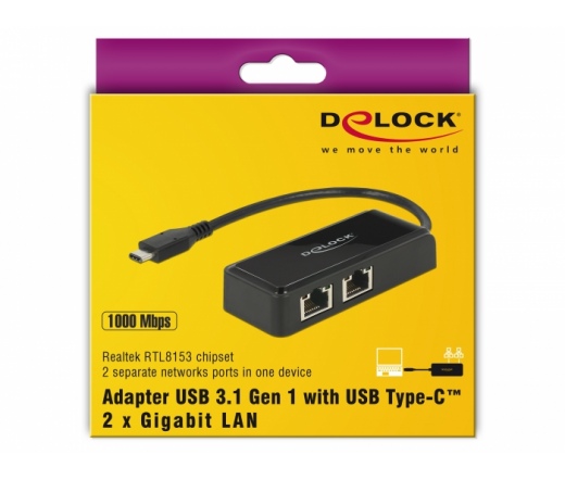 Delock Adapter SuperSpeed USB (USB 3.1 Gen 1) USB Type-C™ csatlakozódugóval > 2 x Gigabit LAN 10/100/1000 Mbps