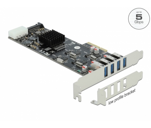 Delock PCI Express x4 Kártya - 4 x külső SuperSpeed USB (USB 3.2 Gen 1) USB A-típusú hüvely Quad Cha