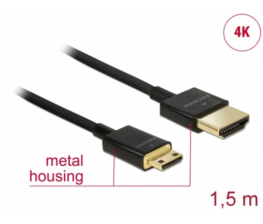 DELOCK HDMI Ethernettel - HDMI-A > HDMI Mini-C 3D, 4K, 1,5 m, vékony, prémium minőség (84777)