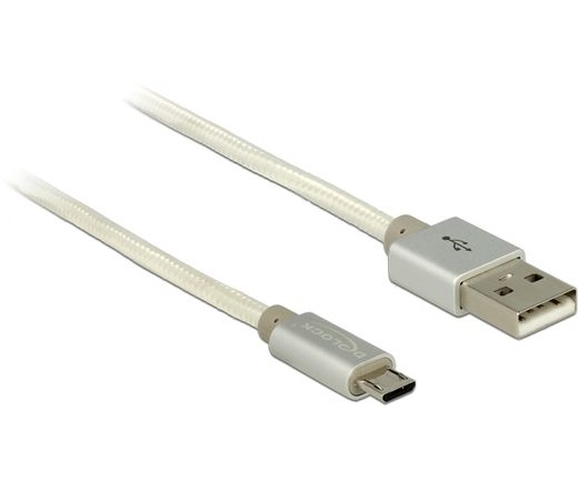 DELOCK USB adat- és töltőkábel - USB 2.0 Type-A male > USB 2.0 Micro-B with textile shielding white (83917)