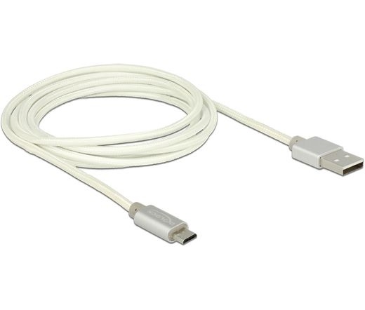 DELOCK USB adat- és töltőkábel - USB 2.0 Type-A male > USB 2.0 Micro-B with textile shielding white (83917)