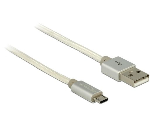 DELOCK USB adat- és töltőkábel - USB 2.0 Type-A male > USB 2.0 Micro-B with textile shielding white (83916)