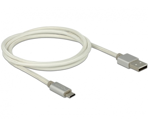 DELOCK USB adat- és töltőkábel - USB 2.0 Type-A male > USB 2.0 Micro-B with textile shielding white (83916)