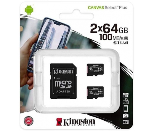 Card Micro SDXC Kingston 64GB Canvas Select 2P 2PC 100R A1 C10 + Adapter