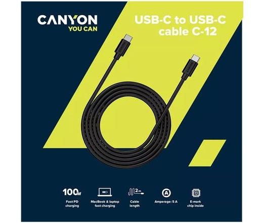 CANYON C-12 USB-C to USB-C PD 100W 2m fekete