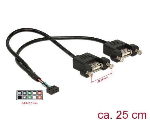 Delock USB2.0 pin header anya 2mm 10tűs > 2x USB2.0 Type-A anya panel modul kábel - 0,25m (84832)