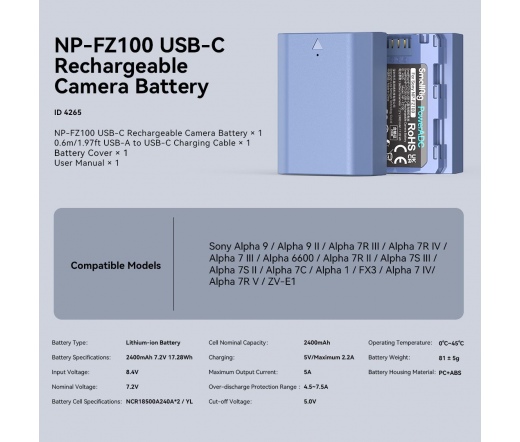 SmallRig NP-FZ100 USB-C Rechargable Camera Battery 4265